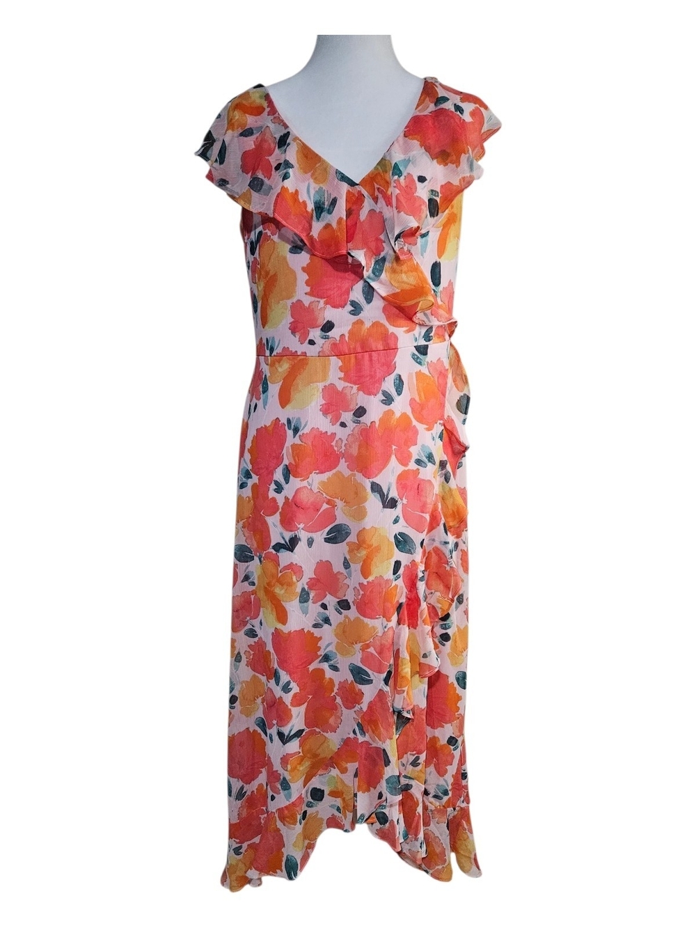 London Times Floral Ruffle Wrap High-Low Dress in Pink and Orange Size 12 Petite - Picture 3 of 8